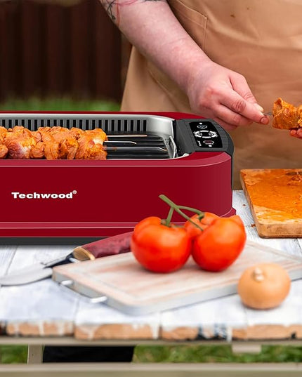 Indoor Smokeless Grill, Techwood 1500W Electric Indoor Grill with Tempered Glass Lid, Portable Non-stick Korean BBQ, Turbo Smoke Extractor Technology, Drip Tray& Double Removable Plate, Red