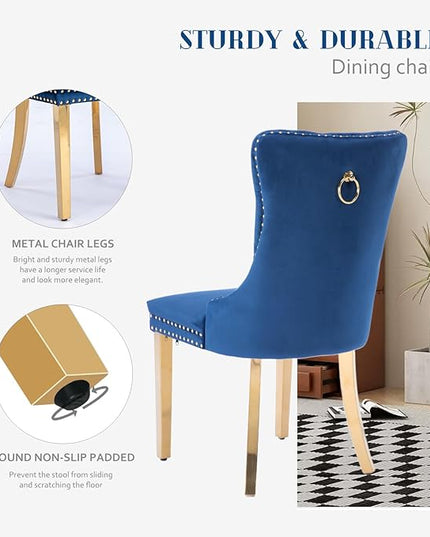 SoarFlash Velvet Dining Chairs Set of 2, Tall Back Side Chair, Modern Upholstered Side Chair with Button Back Ring, Gold Plated Stainless Steel Legs (Blue)