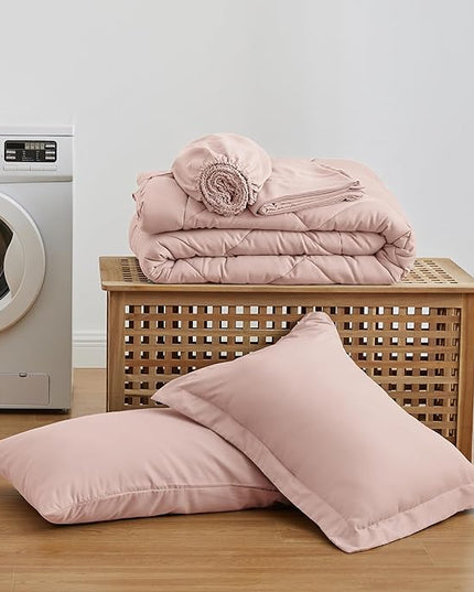 Love's cabin Twin Comforter Set Pink, 5 Pieces Twin Bed in a Bag, All Season Bedding Sets with 1 Comforter, 1 Flat Sheet, 1 Fitted Sheet, 1 Pillowcase and 1 Pillow Sham
