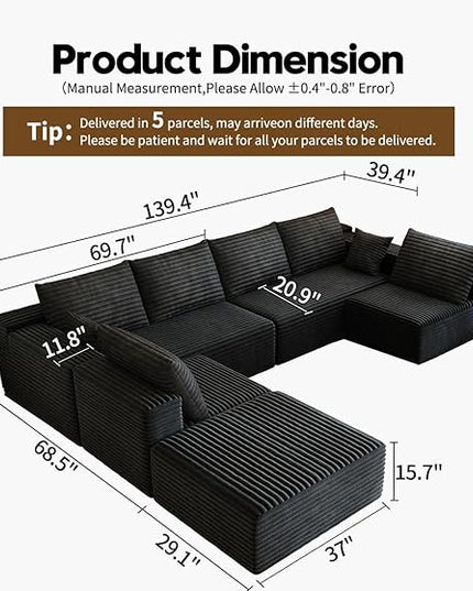 139.4" Modular Sectional Sofa, Oversized U-Shaped Minimalist Couches with 2 Middle Seats and 1 Ottoman Chaise, Modern Deep Seat Convertible Sleeper Sofa, Cloud Plush Corduroy Fabric,7 Seater, Black
