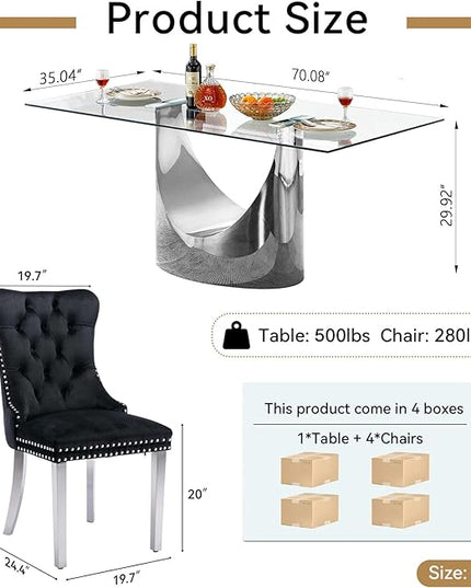 5 Piece Dining Table Set, Modern Glass Dining Table Set for 4 with Velvet Chairs, 70" Luxury Dining Table Chairs Set of 4, Kitchen Dining Room Sets for Dinner Dinette Breakfast Banquet, Black+Silver