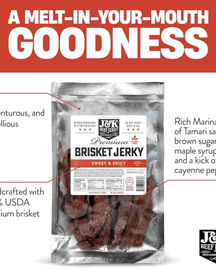 J&K Jerky Sweet & Spicy Brisket, Small Batch Handcrafted Beef Jerky 7 oz