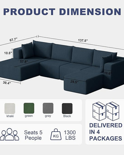 138" Boneless Couches for Living Room, Modular Cloud Couch Sofa -5 Pieces U Shap Corduroy Sectional Sofa, Fluffy Memory Foam Sleeper Sofa Furniture, No Assembly, Wide Armrest, Navy Blue