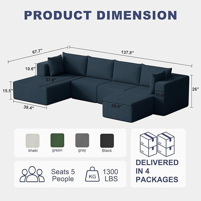 138" Boneless Couches for Living Room, Modular Cloud Couch Sofa -5 Pieces U Shap Corduroy Sectional Sofa, Fluffy Memory Foam Sleeper Sofa Furniture, No Assembly, Wide Armrest, Navy Blue