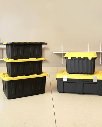 HOMZ 2-Pack Durabilt, Heavy Duty Plastic Storage Bins with Lids, 15 Gallon, Black/Yellow - Stackable Container Boxes for Home, Attic, and Garage Organization
