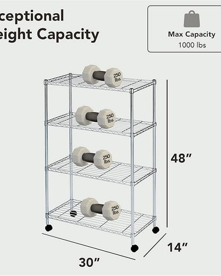 Heavy Duty 4 Tier Wire Shelving Unit Storage Rack, Metal Shelves Utility Organizers, Organization Units for Products, Plant, Pantry, Garage, Laundry Durable Shelf Stand, Chrome, 14"W x 30"L X 48"H