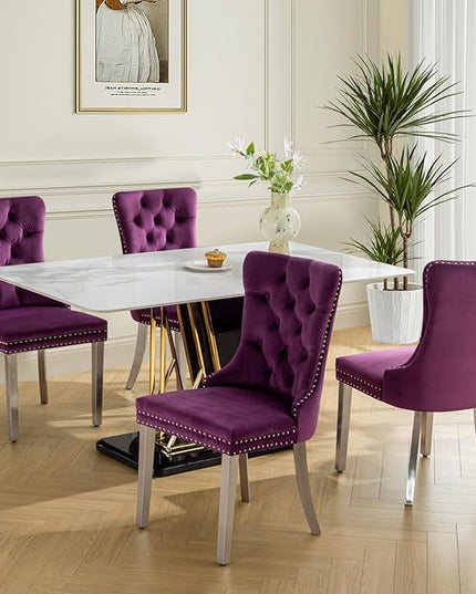 SoarFlash Velvet Dining Chairs Set of 4, Tall Back Side Chair, Modern Upholstered Side Chair with Button Back Ring, Silver Plated Stainless Steel Legs (Purple)