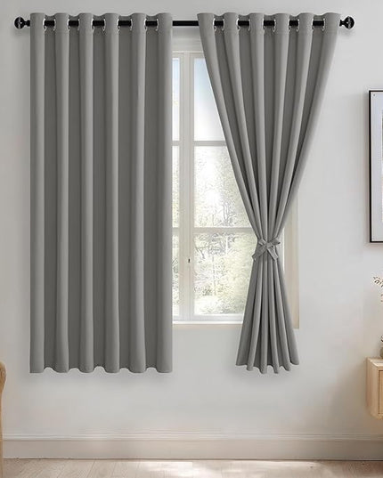 JIUZHEN Light Grey Blackout Curtains with Tiebacks Thermal Insulated, Light Blocking and Noise Reducing Grommet Curtains for Bedroom and Living Room,Window Curtain Panels, 70 x 63 Inch Length