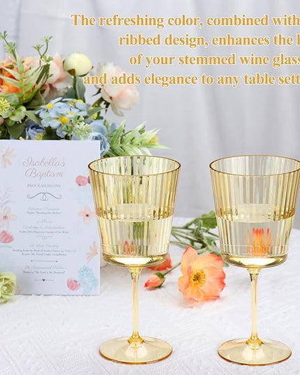 24 PCS Gold Ribbed Plastic Wine Glasses 13.5 OZ Ribbed Wine Glasses Detachable Wine Glass Elegant Fluted Glassware Vintage Style for Wedding Anniversary Birthday Dinner Parties