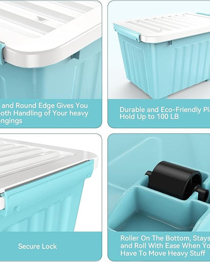 Nazhura 97 Quart Plastic Storage Bin, Stackable and Nestable Storage Boxes with White Lids and Secure Latching Buckles, Large Storage Container (Blue, 97Quart-6Pack)