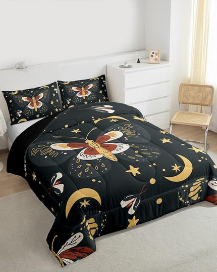 Sun Moon Kids Comforter Set King Size,Starry Sky Galaxy Trippy Bohemia Bedding Set,Boys Girls Adults Room Decor,Death Moth Boho Exotic Down Comforter,Colorful Retro Duvet Insert,2 Pillowcases