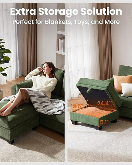 CHIC HOUSE Corduroy Modular Sectional Couch with Ottoman Chaise, L/U Shaped Sleeper Sofa for Living Room, Apartment, Lounge, Modern Armrest Neck Support Furniture (5 Seater Sectional, Green)