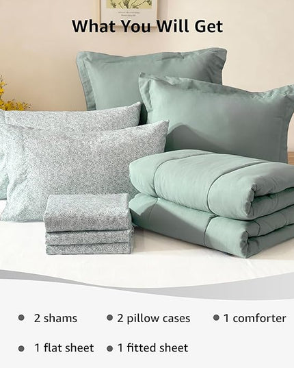 Monbix Queen Comforter Set - 7 Pieces Sage Green Bed in a Bag Queen Track Stitching Bedding Sets, All Seasons Comforter Bed Set with Sheets, Pillowcases & Shams