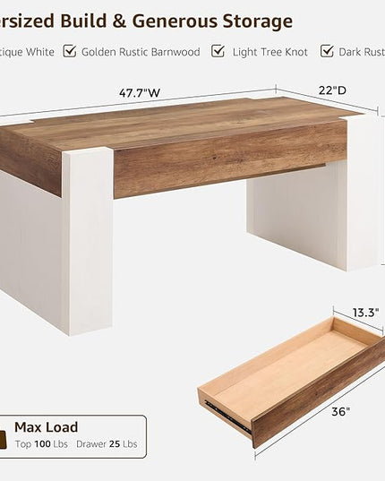 OKD 48" Modern Farmhouse Coffee Table, Wooden Living Room Table with Hidden Storage Drawer, Rustic Rectangular Center Tables with Wood Thick Design for Living Room, Office, Antique White