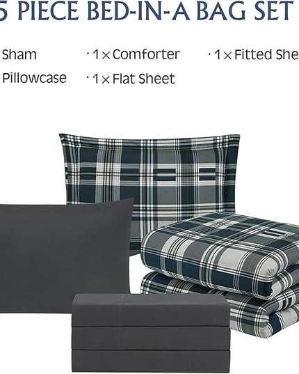 MaiRêve Navy Blue Twin XL Comforter Set, Twin XL Bedding Sets for Boys Girls 5 Pieces for Dorm Farmhouse All Season Lightweight &Comfy with Fitted Sheet, Flat Sheet (Navy Blue, Twin XL, 66"x90")
