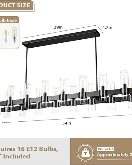 Black Linear Chandeliers for Dining Room, 54" Rectangle Chandelier with Glass, 16-Light Modern Chandeliers Over Table, Farmhouse Chandelier for Kitchen Island, Industrial Pendant Light Fixtures