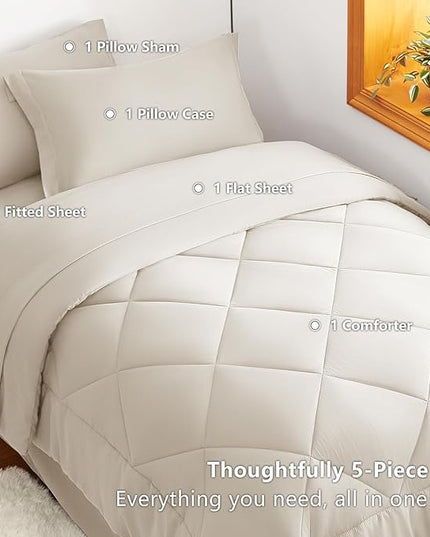 CozyLux Twin XL Comforter Set Beige - 5 Pieces Twin Extra Long Bed in a Bag for College Dorm, All Season Bedding Set for Girls and Boys, Soft Bed Set with Comforter, Sheets, Pillowcase & Sham
