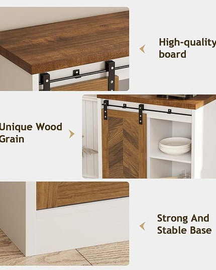 Catrimown Farmhouse Small Coffee Bar Cabinet with Storage, White Coffee Bar Table with Sliding Barn Door, Adjustable Shelves, Bar Cabinet for Kitchen, Dining Living Room, 1 Pack