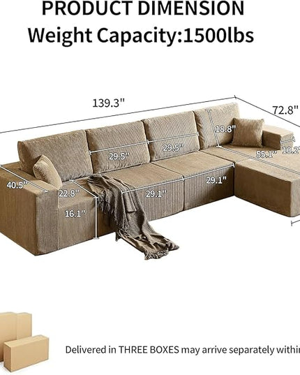 139" Boneless Cloud Sectional Couch for Living Room, Compressed Modular L-Shaped Sofa with Deep Seat, Frameless Corduroy Couch in Boxes, No Assembly Required 4-Seater (Right-Facing Chaise, Grey)