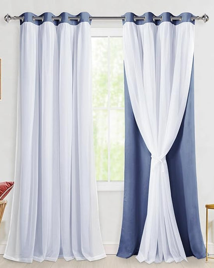 Hiasan Blackout Curtains with Sheer Overlay, Thermal Insulated Mix & Match Double Layer Room Darkening Window Curtains for Bedroom,Living Room,Nursery 2 Panels with Tiebacks (52W X 108L,Blue Haze)