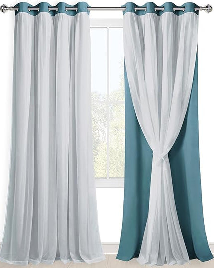 Hiasan Mix & Match Blackout Curtains with Sheer Overlay, Double Layer Thermal Insulated Privacy Grommet Window Curtains for Girls Bedroom,Living Room,2 Drape Panels with Tiebacks,Stone Blue,52W X 96L