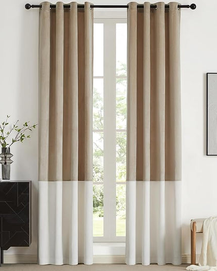 BULBUL Champagne Cream Ivory Color Block Window Curtains Panels 84 inches Long Velvet Farmhouse Drapes for Bedroom Living Room Darkening Treatment with Grommet Set of 2