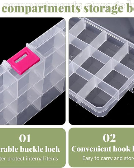 2Pcs Bead Organizer Box, Mini Clear Plastic Storage Box with Removable Divider for Beads Jewelry Rhinestone Small Parts Hair Stuff Accessory DIY Supply (15 Grids)