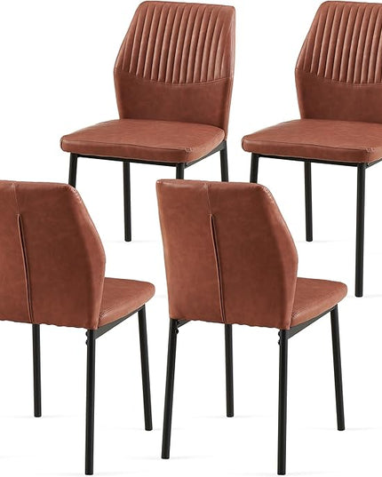 Dining Chairs Set of 4, Brown PU Leather Dining Chairs, Comfortable Upholstered Armless Kitchen Chairs with Black Metal Legs for Living Room, Dining Room, Kitchen