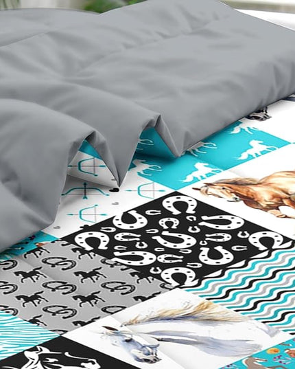 Comforter Set Twin Size, Horse Bedding for Kids and Adults, Colorful Patchwork Bed Sheet Sets with Fitted Sheet Pillowcase & Sham for Bedroom Bed Decor