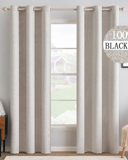 MIULEE 100% Blackout Linen Textured Curtains for Bedroom Solid Thermal Insulated Ivory Grommet Room Darkening Curtains & Drapes Luxury Decor for Living Room Nursery 42 x 90 Inch (2 Panels)