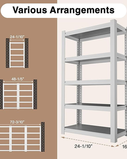 WORKPRO House 5-Tier Shelving Unit, 3000lbs Adjustable Storage Shelves, Boltless Book Shelf, Shelf Organizer for Kitchen, Living Room, Bathroom, Wood Grain Pattern, Waterproof Board, 24-1/10"W, White