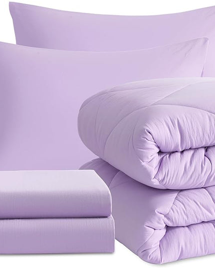 NTBAY Twin Comforter Set with Sheets, 5 Pieces Soft and Breathable Twin Bedding Set, Twin Bed in a Bag, Down Alternative Comforter Set Solid Color All Season, Kids Bedding Set, Light Purple
