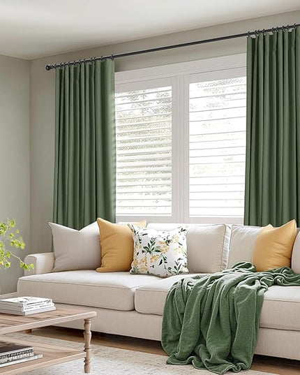 INOVADAY 100% Blackout Curtains for Bedroom, Black Out Curtains 96 Inch Long, Clip Rings Linen Blackout Drapes, Thermal Insulated Room Darkening for Living Room, 2 Panels - Moss Green,W50xL96