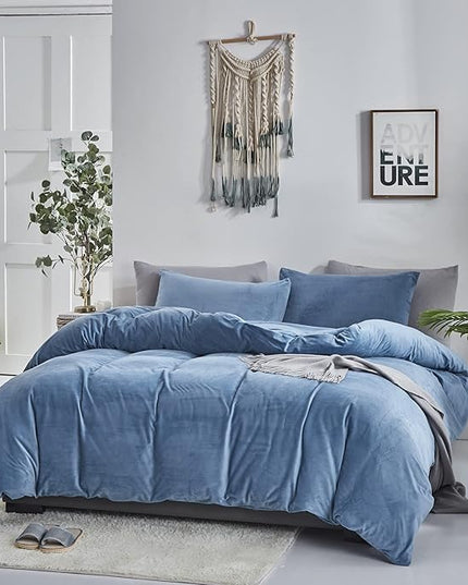 Luxlovery Blue Velvet Comforter Set King Lake Blue Flannel Plush Bedding Set Winter Thick Warm Solid Haze Blue Quilts Blanket Soft Heavyweight Comforter Set for King Bed