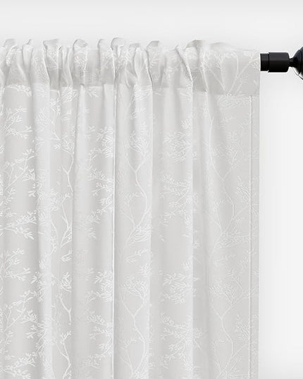 Anmao White Semi Sheer Light Filtering Curtains 102 Inches Long 2 Panels, Branch Pattern Drapes for Living Room Bedroom, Rod Pocket Sheer Window Treatments with Floral Design, 52x102 Inch