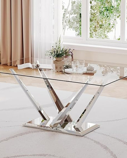 63'' Glass Dining Table for 4 or 6, 0.39" Tempered Glass Tabletop and Silver Stainless Steel Base, Large Dining Room Table for 6, Home Kitchen Table for Dining Room, Modern Dining Table for 6