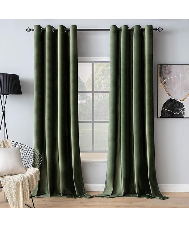 MIULEE Velvet Curtains Olive Green Extra Long Elegant Grommet Curtains Thermal Insulated Soundproof Room Darkening Black Out Drapes for Classical Living Room Bedroom Decor 52 x 108 Inch Set of 2