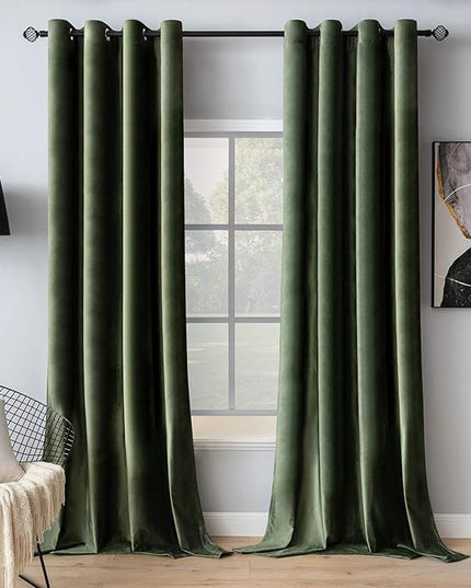 MIULEE Velvet Curtains Olive Green Elegant Grommet Curtains Thermal Insulated Soundproof Room Darkening Drapes for Classical Living Room Bedroom Decor 52 x 72 Inch Set of 2