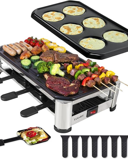 TAMARIT 8-Person Raclette Grill, Electric Party Griddle with Nonstick Grill and Crepe Plates, 8 Pans and Spatulas, 1500W (Indoor), Stainless Steel