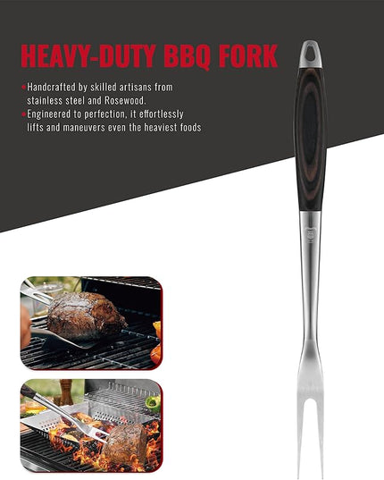 Stainless Steel BBQ Tool Set | Dark-Dyed Wood Handles | Heavy Duty Grilling Accessories | 3-Piece Outdoor Barbecue Grill Utensil Set with Spatula, Fork, and Tongs - Ideal Gift for Men…