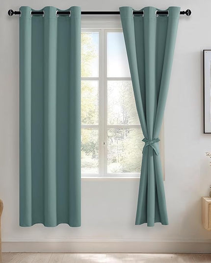 JIUZHEN Stone Blue Blackout Curtains with Tiebacks Thermal Insulated, Light Blocking and Noise Reducing Grommet Curtains for and Living Room, Set of 2 Window Curtain Panels, 42 x 72 Inch Length