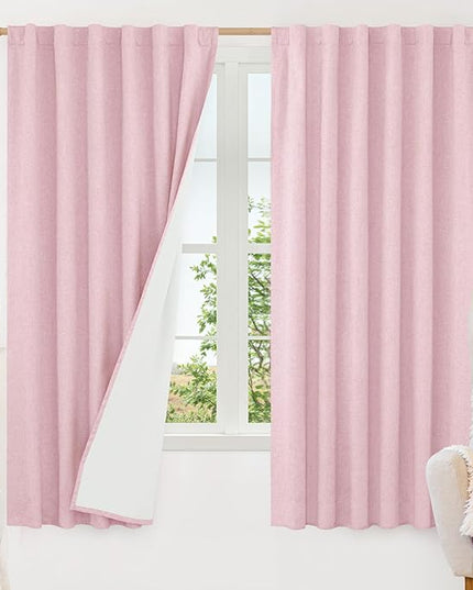 LAMIT 100% Blackout Pink Linen Curtains, 63 Inches Linen Textured Thermal Bedroom Curtains Back Tab and Rod Pocket Neutral Panels with White Liner for Girls' Room, 2 Panels, 52 x 63 Inch