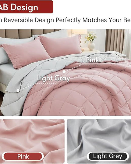 MUXHOMO 7 Pieces Queen Comforter Set, Reversible Bed in a Bag Queen Size, All Season Bedding Set with Comforter, Flat Sheet, Fitted Sheet, Pillowcases & Shams, Pink & Light Grey