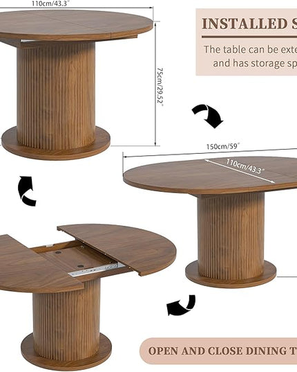 43.3 inch 59 inch Adjustable Size Round Dining Table for 4 6, Unique Design Modern Farmhouse Kitchen Table, Circle Dining Tables with Wood Strip Base for Kitchen Living Room (Walnut)