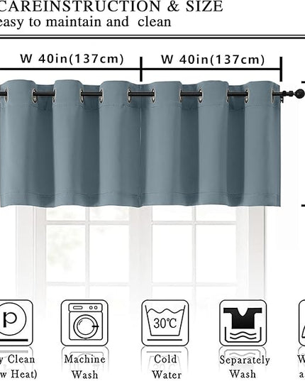 Simplebrand Stone Blue Kitchen Valances for Windows 18 Inches Long 2 Pack, Room Darkening Window Valances for Living Room, Grommet Short Straight Drape Kitchen Curtains for Bedroom Kids Room, 40Wx18L