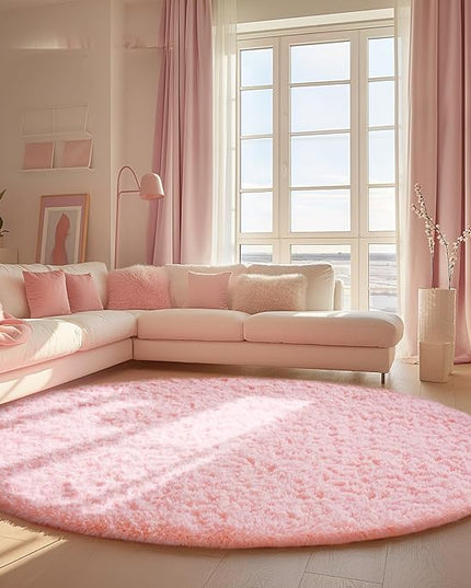 Ophanie Round Rugs 8Ft Pink Circle Area Rug, Fluffy Fuzzy Bedroom Carpet, Plush Soft Shaggy Indoor Floor Kawaii Living Room Rugs for Kids, Cute Room Decor for Teen Girls Home Decor Aesthetic, Nursery