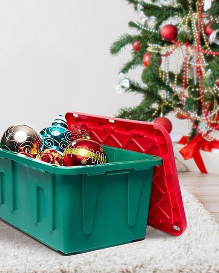 HOMZ 2-Pack Durabilt, Heavy Duty Plastic Storage Bins with Lids, 27 Gallon, Green/Red - Stackable Container Boxes for Holiday, Attic, and Garage Organization