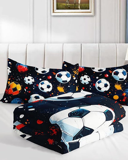AILONEN Soccer Print Comforter Set Queen Size,Football Sport Cartoon Print Bedding Sets for Bedroom Decor,Colorful Balls Duvet Set for Kids,3-Piece, 1 Quilt and 2 Pillowcases,Soft Microfiber