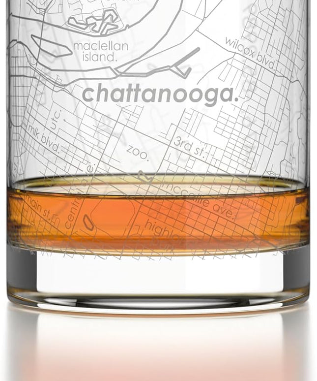 Well Told Engraved Chattanooga Tennessee Map Rocks Glass, Old Fashioned Glassware (11 oz, Clear) Etched Bourbon Tumbler, Gifts For Whiskey Lovers