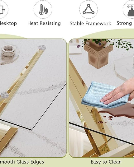 63'' Glass Dining Table for 4 or 6, 0.39" Tempered Glass Tabletop and Gold Stainless Steel Base, Large Dining Room Table for 6, Home Kitchen Table for Dining Room, Modern Dining Table for 6